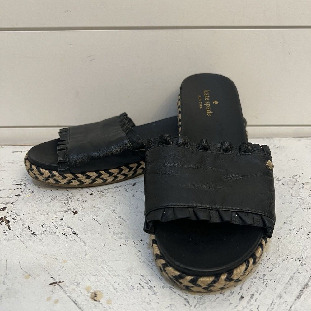 Kate Spade, Zahara Black Leather Braided Flat Espadrille Sandals Slides Size 7.5